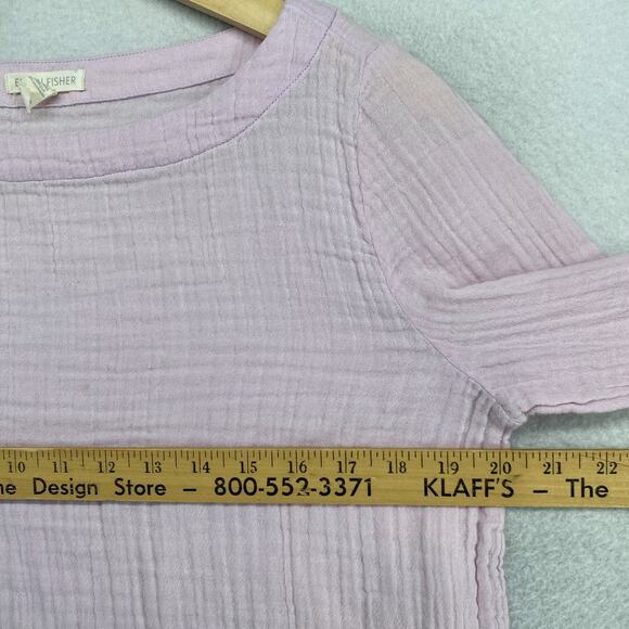 EILEEN FISHER Top XS Organic Cotton Crinkle Gauze Fringed 3/4 Sleeve Pink - Picture 9 of 12